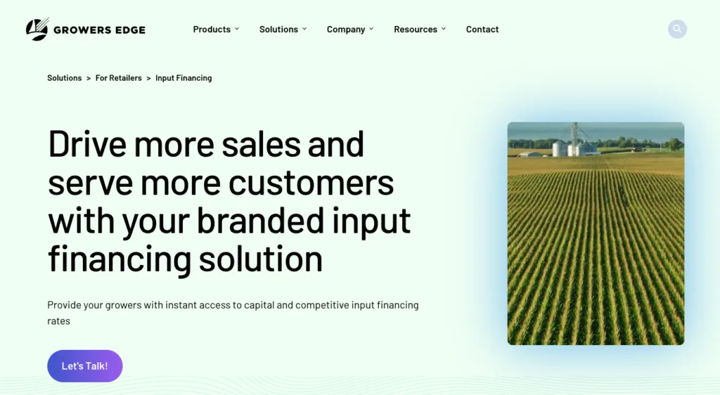 Growers Edge input financing solution homepage with crop field imagery.