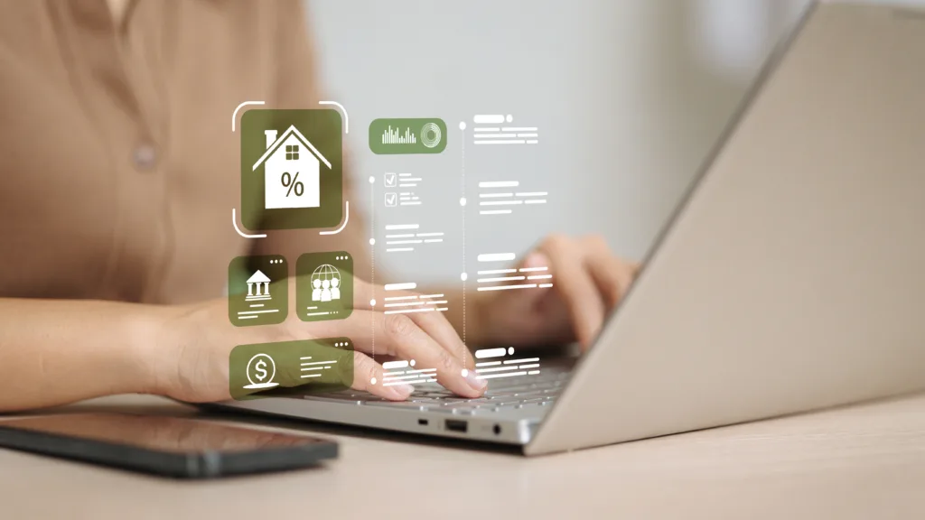 Digital loan servicing dashboard with mortgage, finance, and compliance icons displayed over a laptop.