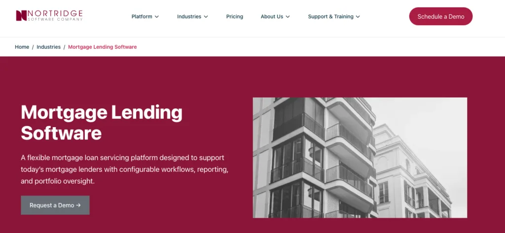 A website landing page for Nortridge Mortgage Lending Software featuring a hero section with an architectural image of a modern apartment building.