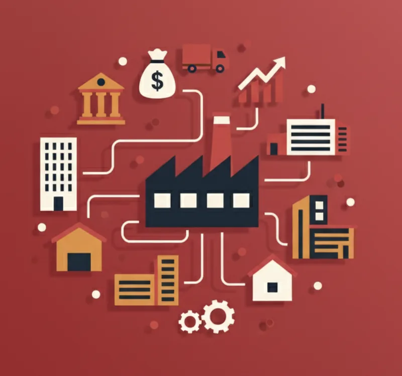 Industries graphic showing a central factory icon connected to finance, housing, transportation, and business sector symbols, representing Nortridge serving multiple lending industries