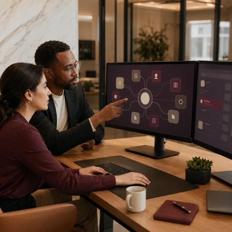 Man and woman at desk reviewing a connected icon diagram on dual monitors together. 