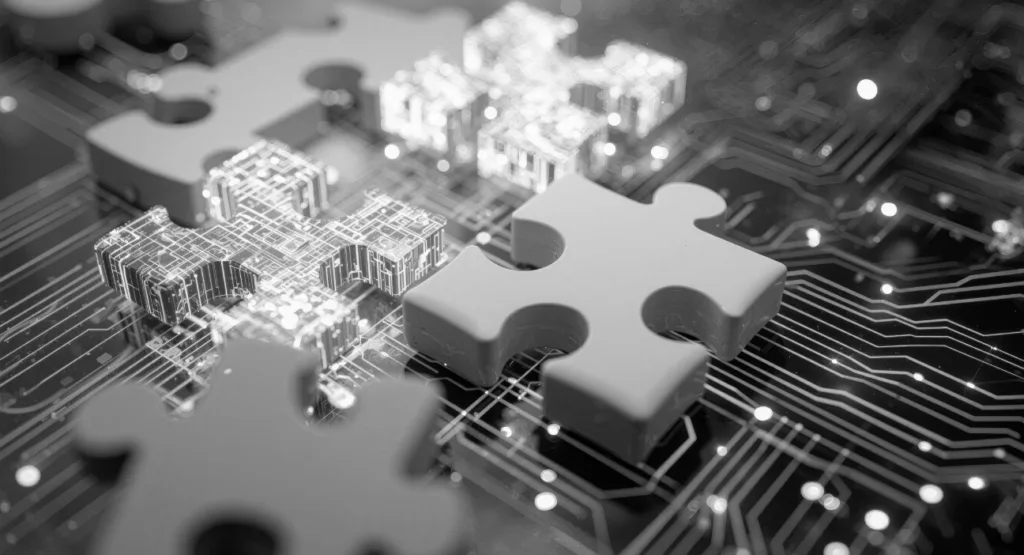 Puzzle pieces lying on a technical software board representing integration capabilities