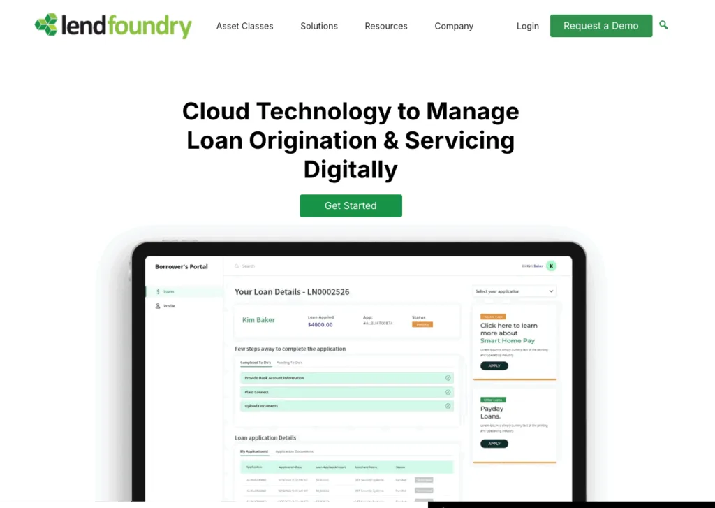 LendFoundry homepage hero section promoting "Cloud Technology to Manage Loan Origination & Servicing Digitally," with a large image showing a detailed "Borrower's Portal" on a tablet screen.