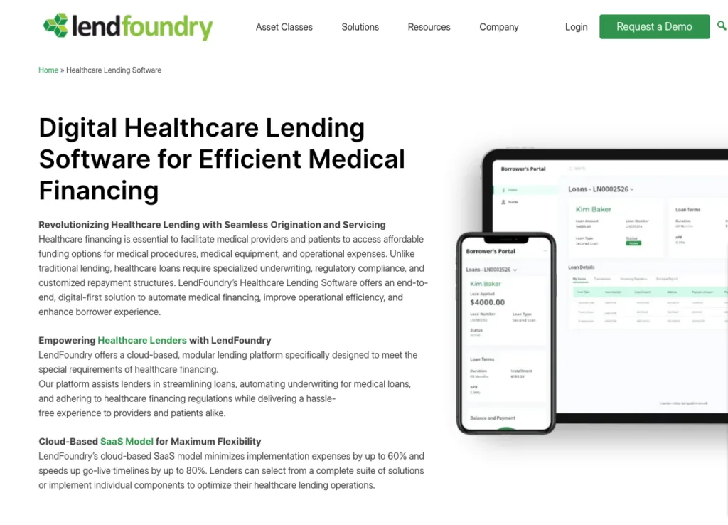 LendFoundry webpage for healthcare lending software, featuring a "Request a Demo" button and a digital borrower's portal displayed on a smartphone and tablet.