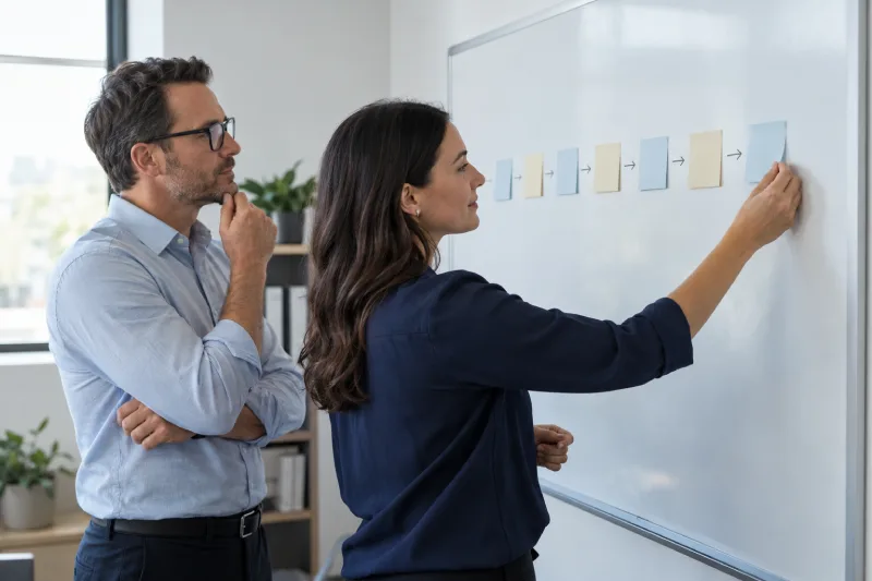 Two coworkers mapping a sequential process on a whiteboard using color-coded sticky notes and arrows. 