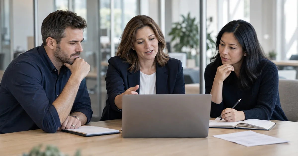 Three coworkers reviewing a laptop screen together, one pointing while another takes notes.