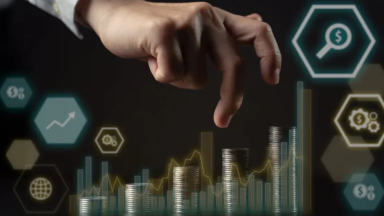 Financial growth chart with coin stacks showing lending tech stack investment returns
