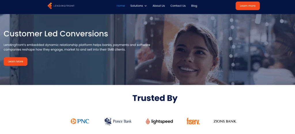 LendingFront homepage promoting a dynamic relationship platform for banks and lenders.