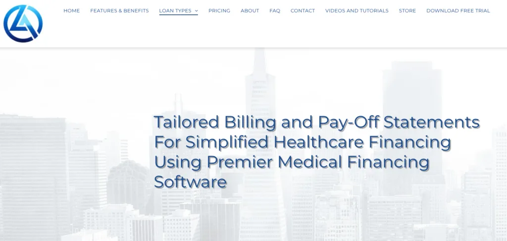 Loan Assistant webpage for healthcare financing, featuring text about tailored billing and pay-off statements set against a faded city skyline background.