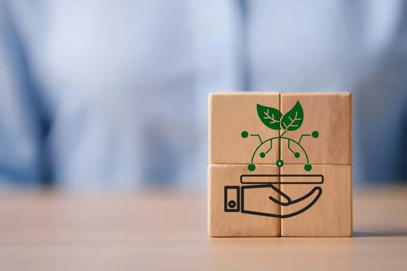 Wooden blocks with plant and connection icons representing holistic loan lifecycle management and growth