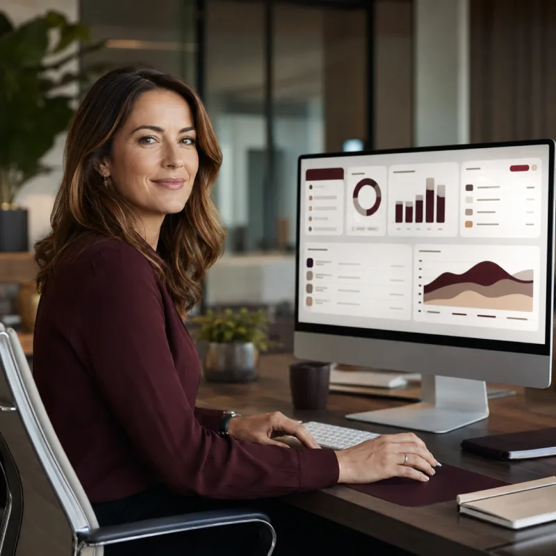 Woman at desk smiling at camera beside a monitor showing charts and graphs. 