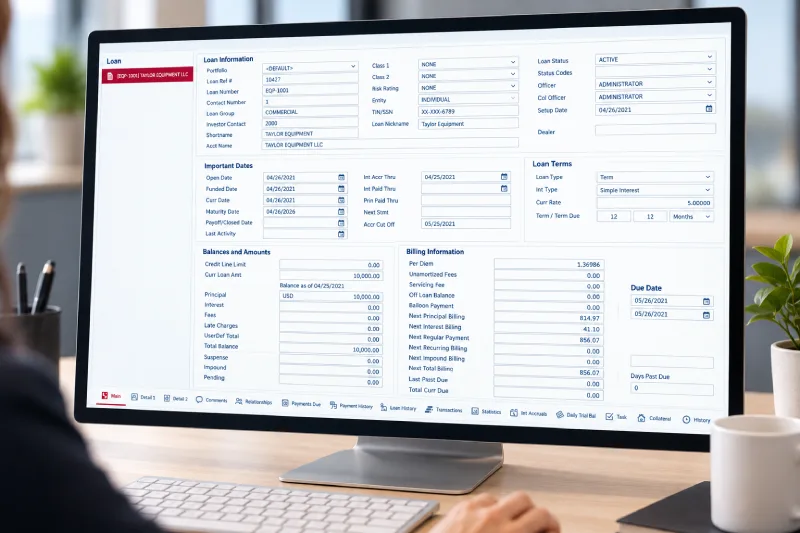 Loan management software screen displaying loan terms, balances, billing information, and payment due dates. 