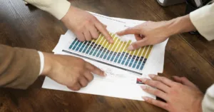 Business professionals pointing at a financial chart, comparing loan modification versus refinance outcomes for borrowers and servicers.