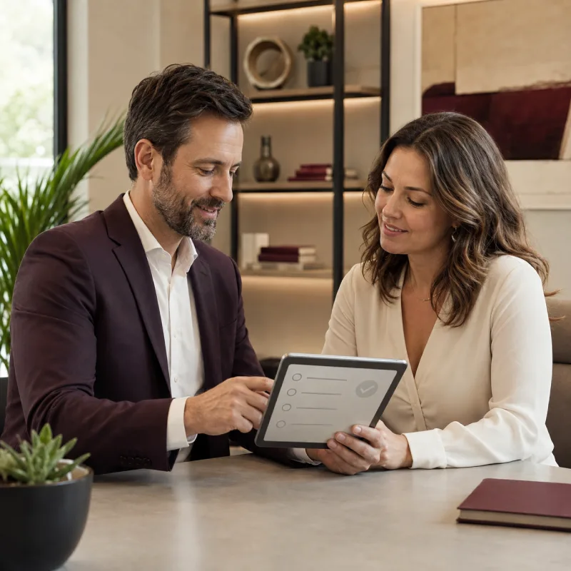 Man and woman reviewing a checklist on a tablet at a table together.