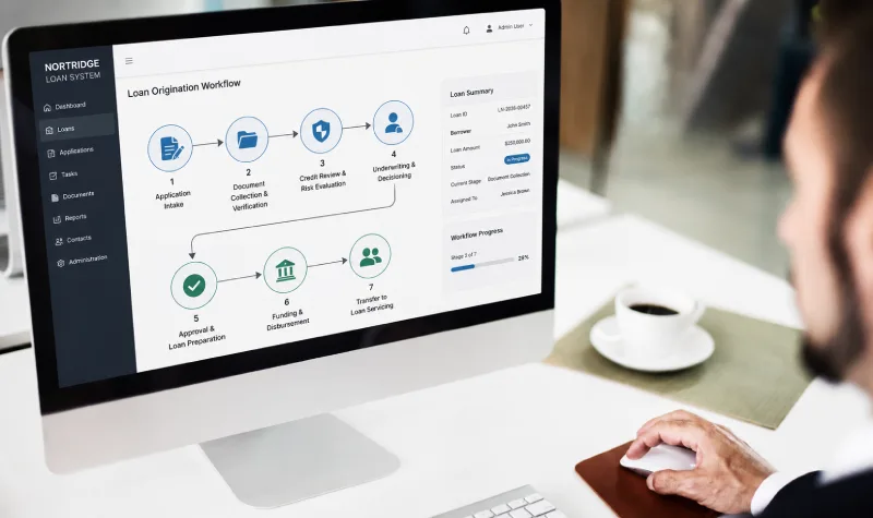 Loan servicing workflow displayed within a software interface on a desktop computer screen. 