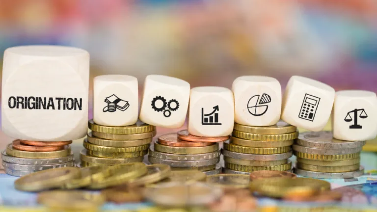 Financial lending and loan origination concepts represented by business icons on wood blocks and stacked coins.