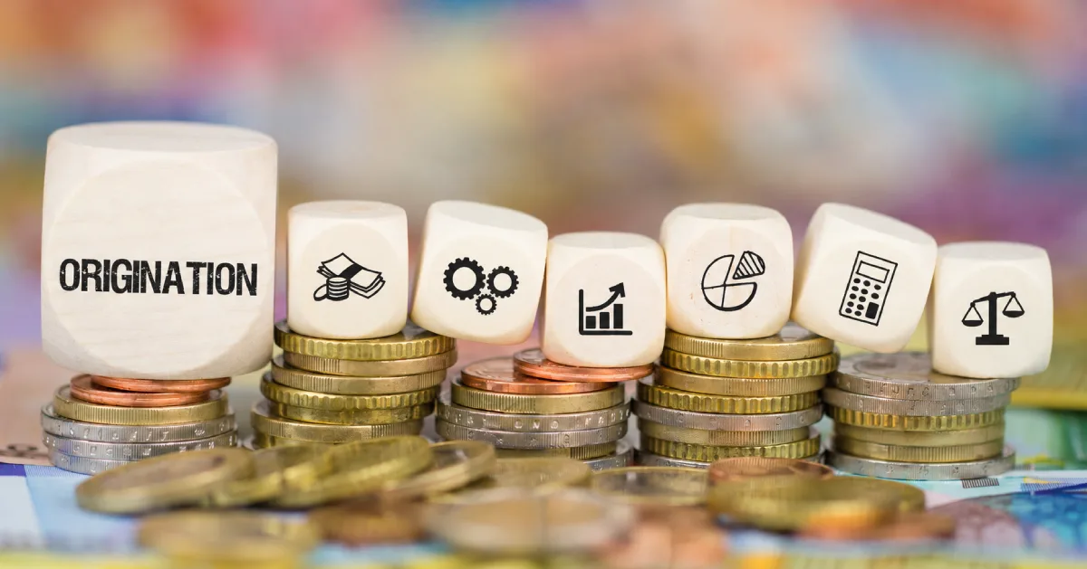 Financial lending and loan origination concepts represented by business icons on wood blocks and stacked coins.