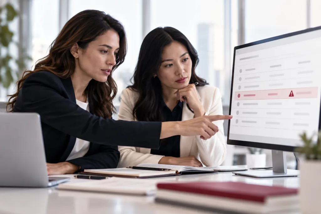 Two colleagues reviewing a computer screen beside a document flagged with a payment exception warning. AI-generated. 