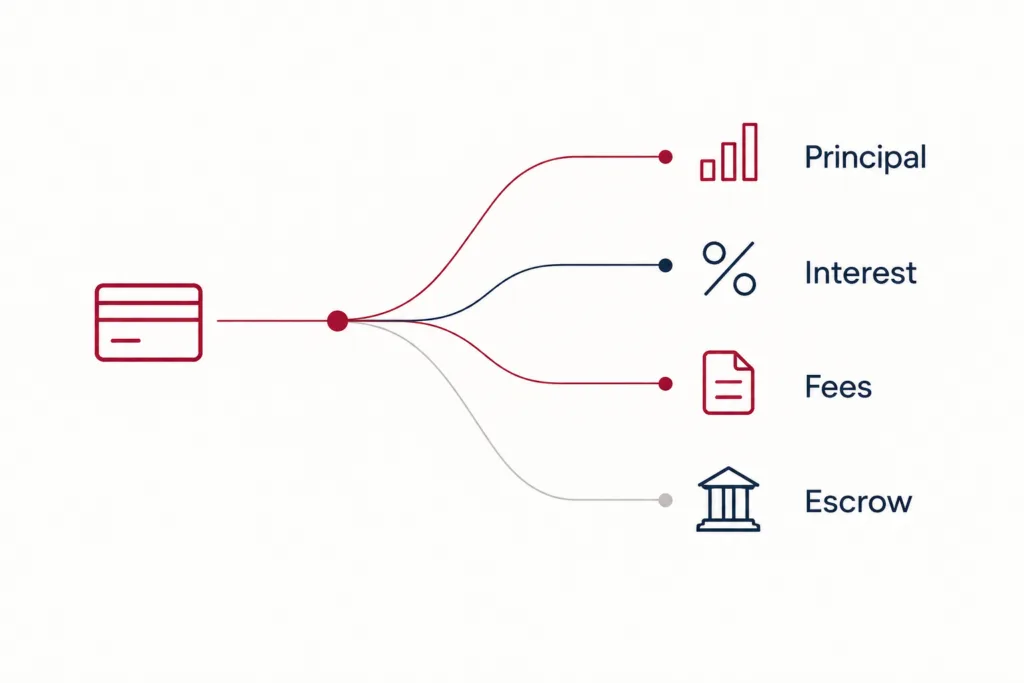 Payment flowing into principal, interest, fees, and escrow coin jars, showing a loan payment waterfall. AI-generated. 