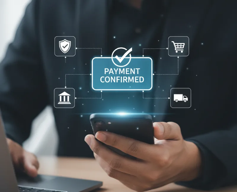 Person confirming digital loan payment on smartphone, representing Nortridge automated loan payment processing solution. AI-generated.