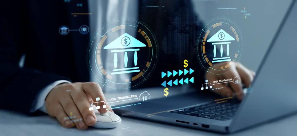 Person using a laptop with digital banking and transaction icons overlayed.