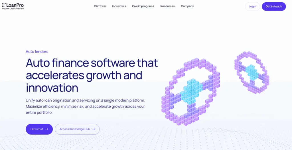 LoanPro website screenshot featuring auto finance software text and stylized 3D pixelated steering wheel graphics.