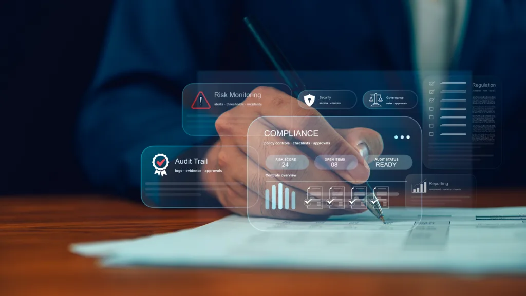 A digital overlay showing "Compliance," "Risk Monitoring," and "Audit Trail" icons hovering over a person’s hand as they sign a document.