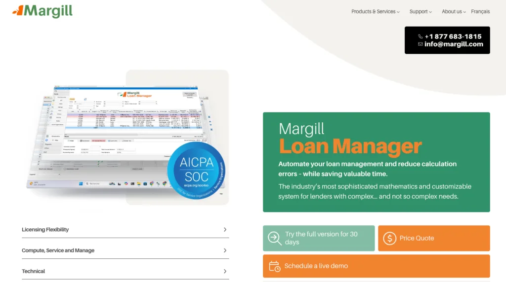 Margill Loan Manager homepage showing loan management software interface and demo options.