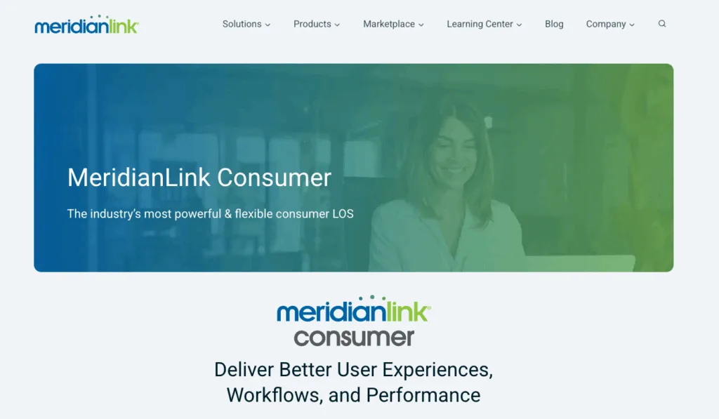 MeridianLink website screenshot promoting consumer loan origination software with a woman working on a laptop.