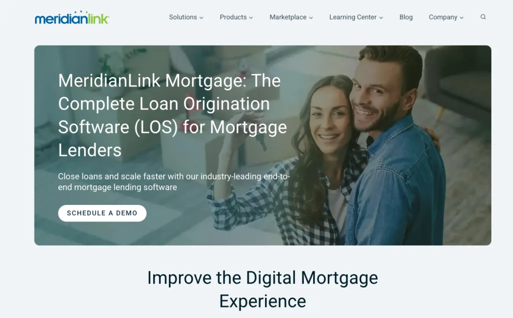 A website landing page for MeridianLink Mortgage featuring a hero image of a smiling young couple holding the keys to their new home in a room filled with moving boxes.
