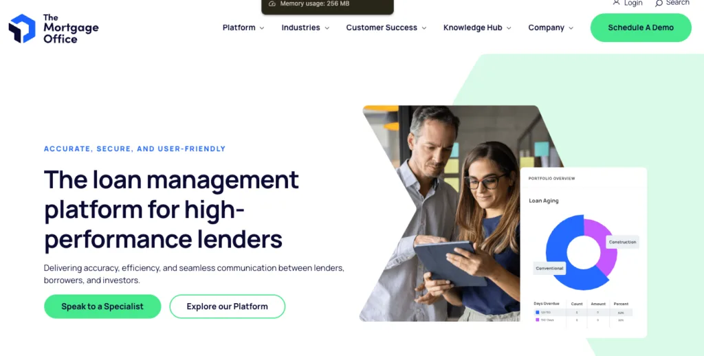 A website landing page for The Mortgage Office loan management platform, featuring a hero image of two professionals reviewing a tablet next to a digital "Portfolio Overview" chart.