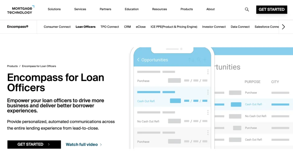 A website landing page for Encompass for Loan Officers by Mortgage Technology, featuring a clean white layout with a digital illustration of a mobile app interface.