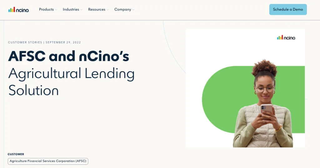 nCino agricultural lending solution customer story page for AFSC.