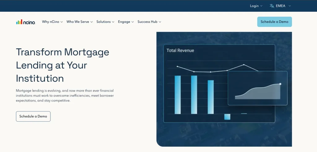 A website landing page for nCino Mortgage featuring a clean, professional design with a data-driven hero graphic showing a "Total Revenue" chart.