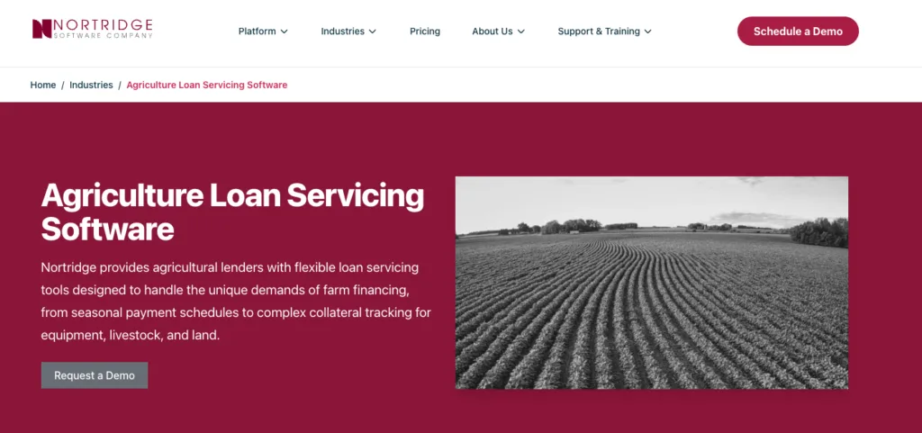 Nortridge agriculture loan servicing software homepage with farm field image.
