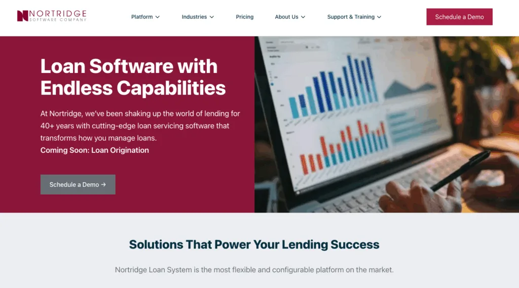 Nortridge Software homepage promoting loan software with endless capabilities and solutions.