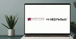 Nortridge Software Company logo versus HES FinTech logo on laptop