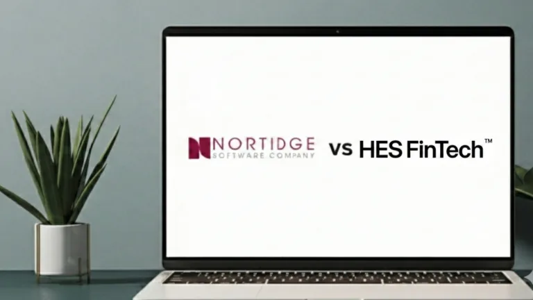 Nortridge Software Company logo versus HES FinTech logo on laptop
