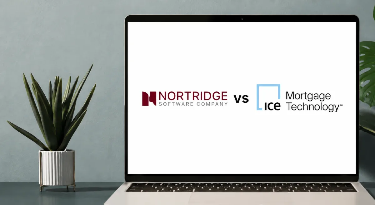 Laptop sitting on a desk with Nortridge Software Company logo vs ICE Mortgage Technology logo displayed on the monitor