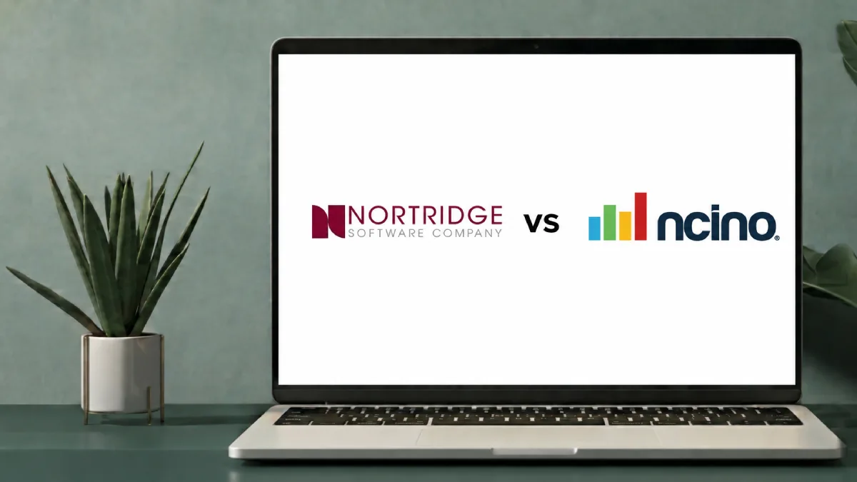 Laptop screen comparing Nortridge Software Company and nCino logos for a lending platform evaluation.