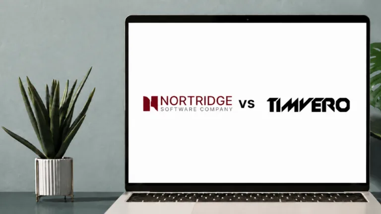 Laptop screen displaying Nortridge Software Company versus Timvero logos for loan software comparison