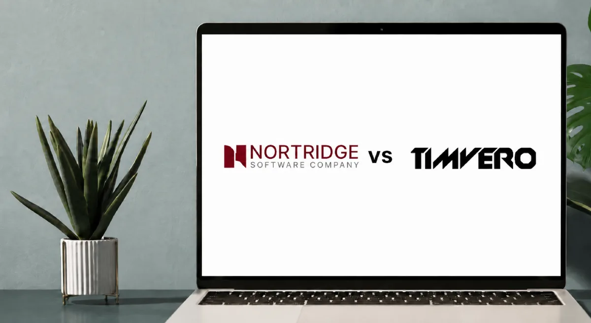 Laptop screen displaying Nortridge Software Company versus Timvero logos for loan software comparison