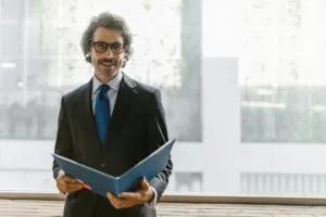 man holding a portfolio loan document in a folder