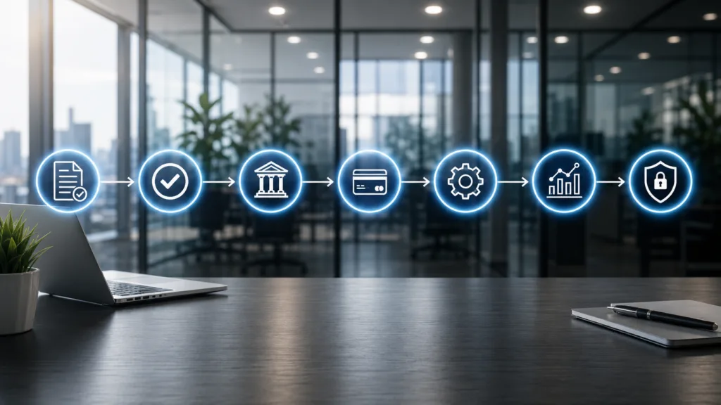 Step-by-step loan management process shown through connected digital icons in a modern financial office setting.