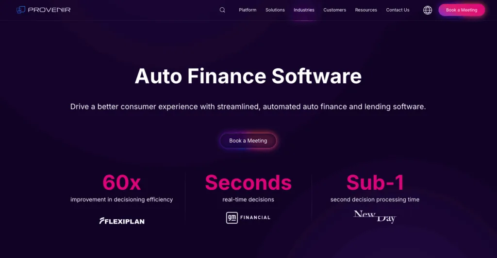 Provenir website screenshot promoting auto finance software with performance statistics and logos of major financial companies.
