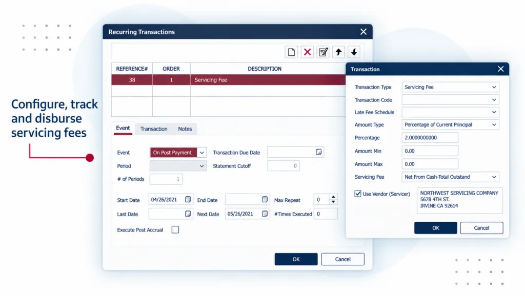 Nortridge loan servicing software showing recurring transaction settings and percentage-based servicing fee configuration.