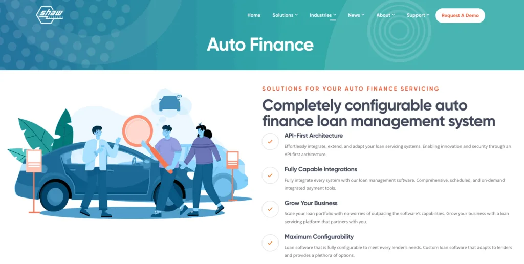 Shaw Systems website screenshot promoting a configurable auto finance loan management system with cartoon illustrations.