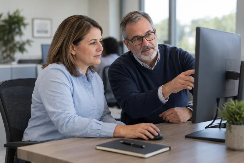 Two coworkers reviewing data on a desktop monitor, one pointing while the other uses the mouse. 