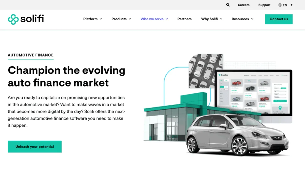 Solifi website screenshot promoting automotive finance software with a silver car and digital interface graphics.