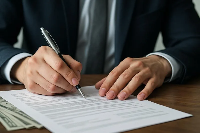 Man signing legal documents with cash nearby, illustrating formal agreements in hard money lending.